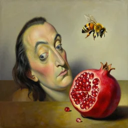 a dream within a dream within a dream caused by the flight of a bee around a pomegranate a second before waking by salvador dali, hyperrealistic oil painting, trending on artstation, hyperdetailed, masterpiece