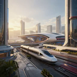 futuristic city center with futuristic ultra high speed train station in background, modern landscape architectural design industrialpunk concrete and glass, maroon, white and blue metallic accents, gorgeous lighting, golden hour, 2077, dramatic lighting and composition, photography, star citizen