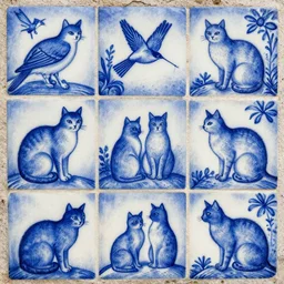 portuguese blue tiles featuring cats and birds