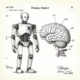 robot and brain mind uplink schematic by thomas hubert. in the style of a 1 9 8 3 patent design diagram