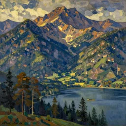mountains, trees, and lake, by alphonse mucha