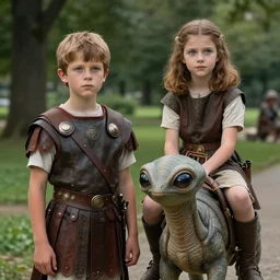 sharp, highly detailed, film from a 2 0 1 9 sci fi 8 k movie, time travelers appear in a park, a boy from the roman empire and a girl riding on the back of a small alien creature from an alternate 1 9 5 0, each wearing correct era clothes, atmospheric lighting, in focus, reflective eyes, 3 5 mm macro lens, nice composition