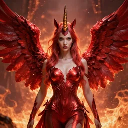 woman - unicorn horn hybrid red angel - wings, stunning, realistic, fiery scenery, symmetric portrait, sparky metallic, unreal engine 5, cinematic lights, high detail, fantasy digital art, trending in artstation