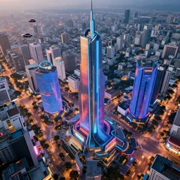 aerial shot of futuristic ho chi minh city, neon tube, wide angle lens, flying car commute around, artstation concept art, octane render, high details ultra realistic