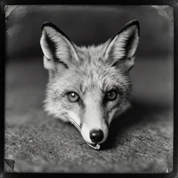 skull of fox, old vintage photography, damaged photo, daguerreotype, ambrotype, black and white, archive, film artifacts, scratches, tears, hyperrealistic, ultra detailed
