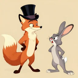 concept art of a fox in a top hat talking to an angry rabbit by Don Bluth.