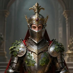 hight focus f - 2 2, 8 5 mm : a wonderful realistic focused portrait of knight with a detailed wonderful symmetrical headdress, dressed with armour of leaves and with red drapes, dramatic light, dystopian environment, intricate, elegant, highly detailed, centered, digital painting, artstation, concept art, smooth, sharp focus, illustration, artgerm, tomasz alen kopera, peter mohrbacher, donato giancola, joseph christian leyendecker, wlop, boris vallejo