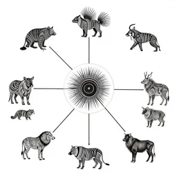 a spiritual clean diagram aboriginal about selk ´ nam and the animals, muy definido, with lines interconnecting situations, clean design,, by goya, bauhaus, 2 4 0 0 dpi