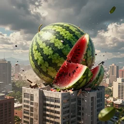 an big watermelon crush the high building cause big destruction, cinematic, movie still , Holywood quality, end of the world, impactful ambient