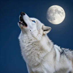 photograph of a white wolf with blue eyes howling at the moon,