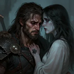 a depressed warrior cries at his wife's ghost, badass, rugged, tears, messy hair, beard, sadness, fantasy, extremely detailed, smooth, sharp focus, digital illustration, by rossdraws, artgerm, franzzeta