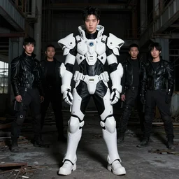 beautiful ulzzang with white majestic ornate sci - fi tactical gear, black leather garment, full shot fashion photography, dark abandoned cyberpunk factory, by irving penn and storm thorgerson, ren heng, peter elson,