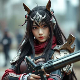 highly detailed beautiful cosplay alodia, warcore, professional photography 8 k 3 5 mm, holding weapon, pixiv