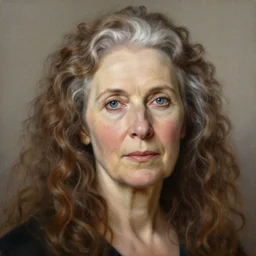 portrait of a mature woman with long curly brown with white hair and blue eyes, a lot of wrinkles, beautiful painting by artgerm and greg rutkowski