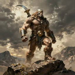 muscular martian barbarian, standing on boulder, science fiction pulp illustration