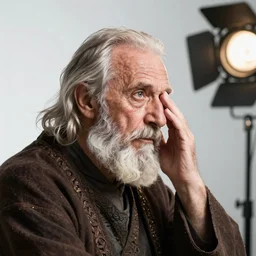 portrait of an old, medieval alchemist in the dark, he is looking into the distance thoughtfully!!. close up, facepalm, studio lighting bright ambient lighting key light, fantasy, detailed, photorealistic portrait by michael komarck, greg rutkowski, victo ngai, artgerm and j. dickenson