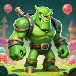 Doom Guy's adventure in Candy Land, 4k, 8k, highly detailed, digital painting, sharp, smooth, green Doom Guy