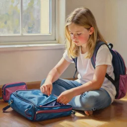 a girl named taylen with medium blonde hair, hazel eyes, chubby cheeks, and a pug nose sitting on the floor organizing school supplies for her first day of school, sunbeams coming through window, early morning, amazing detail, oil painting