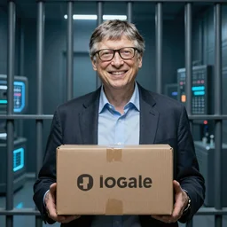 linkedin portrait of bill gates trapped in a cyberpunk hyper prison but still bravely doing his charity work despite the hardship