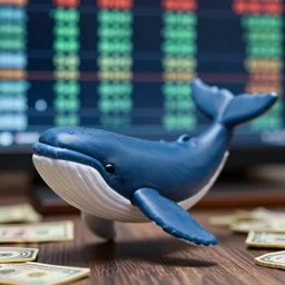 close up of a money whale plastic action figure, 8 0 s, stock market, dslr photo