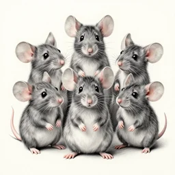 a beautiful pencil drawing of five cartoon mice; masterpiece; extremely highly detailed; ultra realistic; trending on artstation