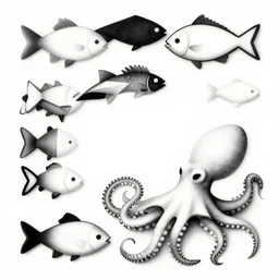 simple geometric shapes of fishes turning into octopuses, M.c. Escher, black and white, 4k