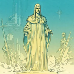 religious hard science fiction comic by, bill sienkiewicz, teal and gold colour palette, line drawing, ink pour