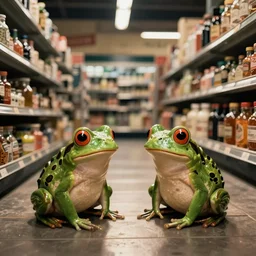 cute frogs in a supermarket at night vintage nostalgia film concept art