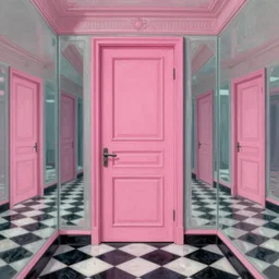diego dayer, hyperrealistic surrealism, award winning masterpiece with incredible details, a surreal vaporwave painting of bright pink door leading to nowhere, mirrors everywhere, highly detailed, hallway with black and white checkered floor, intricate, elegant