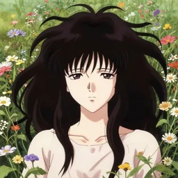 sadako from ringu with wild, untamed hair surrounded by wildflowers in the 1 9 7 0 s, she is undead, seventies, golden hour, painterly, offset printing technique, by alexandre cabanel, if you see her you die in seven days