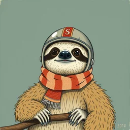 a cute sloth wearing a helmet and a scarf. style of sin ctiy, illustration by edward gorey