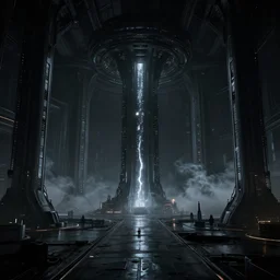 a dark minimalist gothic scifi brutalist futuristic spaceship factory planet with columns of glowing plasma smoke, high dynamic range, ilm, beeple, star citizen halo, mass effect, bladerunner, elysium