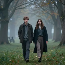 a cinematic extreme close - up of a young couple walking in the park, misty evening, fantasy art, highly detailed matte painting, telephoto lens 2 0 0 mm, by stanley artgerm lau, greg rutkowski, thomas kinkade, alphonse mucha, loish, norman rockwell, artstation