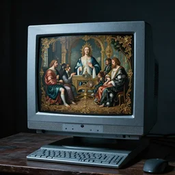 still life of ornate chinese cyberpunk computer crt screen by hieronymus bosch, cold washed color scheme, baroque painting, perfect composition, detailed octane render trending on artstation, 8 k artistic photography, volumetric cinematic perfect light, chiaroscuro, masterpiece, raphael, caravaggio, beksinski, rutkowski