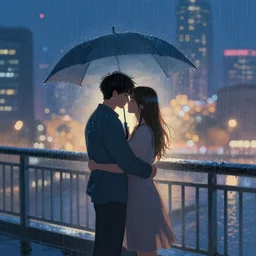 hugging the love of your life in the rain at night in a modern chinese city on a bridge, volumetric lighting, realistic illustration, perfectly shaded, soft painting, dreamlike, moody lighting, artstation, backlight, bokeh, silhouette