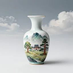 decoration on vase, tundra, mountain, pine, oaks, trees, architectural, temples, wide angle, puffy clouds, skies behind, stars in sky, italian masterpiece, ashford black marble with golden veins, sculpture, drapes, ocher details, still life, render, artstation, ultra detailed
