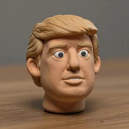 extremely realistic!!! smooth specular clay! extremely close smooth specular sculpted headshot of donald trump clay puppet , soft light dull mood, low saturation, on wooden table. style: claymation puppet kids clay ,by will vinton ,by guldies