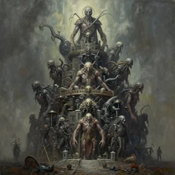 oil paint of 1 1 flayed god machines in tiers, by basil wolverton, shigeru komatsuzaki, wayne d barlowe, stefano tamburini, narrative light, muted colors, epic, hyper detailed, awe inspiring, award winning horror, narrative lighting, hyper realism, cinematical