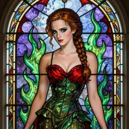 a stunning stained glass window of emma watson as poison ivy with hair tied in a braid and wearing a seductive red and green dress, dark eyeliner, purple and green fire, intricate, elegant, highly detailed, digital painting, artstation, concept art, sharp focus, illustration, art by greg rutkowski and alphonse mucha
