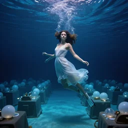 deep underwater photography of beautiful model in flat dress in large underwater ballroom by emmanuel lubezki
