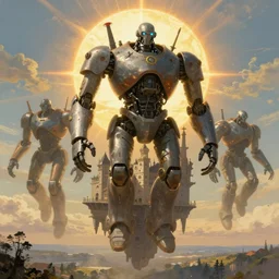 bizarre giants robots walking and scaling the castle floating on the sky miracle of life on the radiant sun at the horizon, by emmanuel shiu, caspar david friedrich, albert bierstadt, jakub rozalski