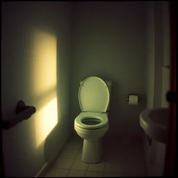 kodak portra 4 0 0, wetplate, flashlight, 8 5 mm carl zeiss, blueberry, award - winning colour portrait by britt marling : a sunlit 1 9 6 0 s toilet, quadratic quadratic picture frames, haze, wallpaper, fog, no people
