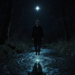 dark eerie movie frame, a man floating above the magic shining river styx, northern star at night, otherworldly, dreamlike, stanley kubrick, 1 7 mm, panorama shot, surreal, deep, detailed 4 k