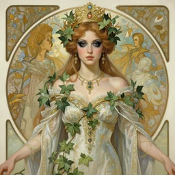 a beautiful painting of poison ivy dressed as a martian princess, dark eyeliner, intricate, elegant, highly detailed, digital painting, artstation, concept art, matte, sharp focus, illustration, art by rebecca guay and by arthur rackham and by alphonse mucha and by john william waterhouse