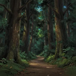 a path in an ancient forest, big and tall trees, evening light, soft light, matte painting, serene atmosphere, photorealistic, studio ghibli, mysterious
