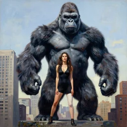 hyperrealist painting of anna torv as a giantess, standing over new york in a pose akin to king kong