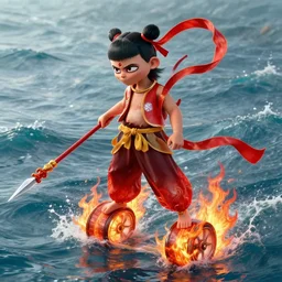 a masterpiece portrait of legendry nezha flies riding on the wind fire wheels across the sea, water everywhere, chinese mythology, side view, red cloth around his shoulders, hold spear, cinematic, fantasy character portrait, highly detailed, by ne zha ( 2 0 1 9 ), fenghua zhong