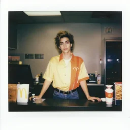 prince working the front counter of mcdonald's ready to take your order, eighties polaroid, flash photography, photorealistic, kodachrome