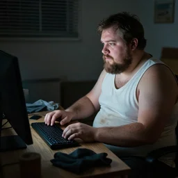 a fat man working on his computer at nighttime in his room, dirty clothes, beard, short hair, white tank top, glowing, photography, realistic, detailed, cinematic, cinematography,