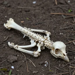 bones of a bird on the ground, detailed, realistic, trail cam footage